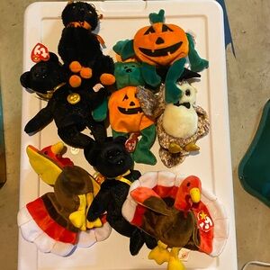 Lot of fall holiday inspired TY beanie babies with tags still attached.